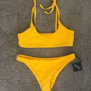 Zaful Tie Shoulders Ribbed Bikini